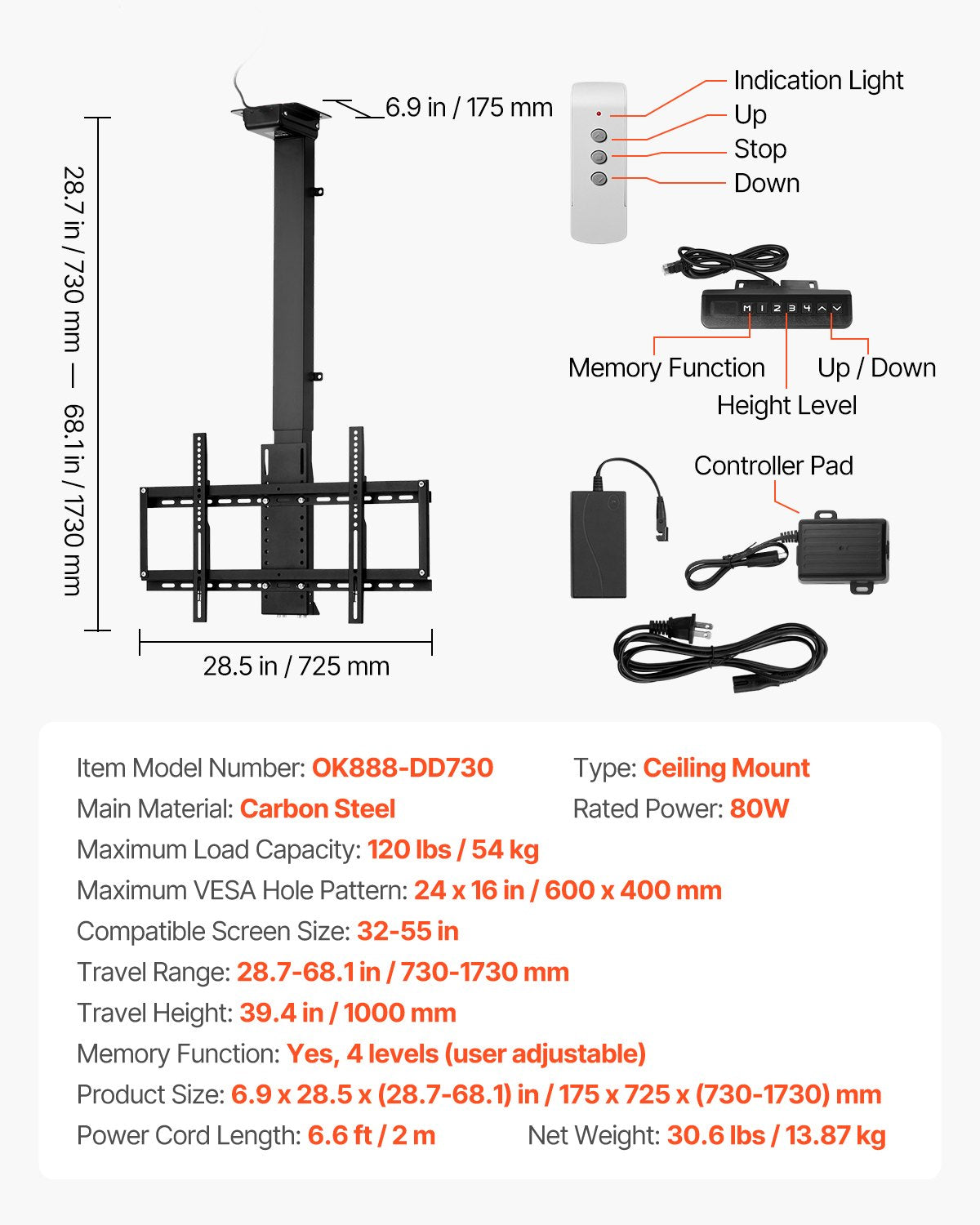 Motorisierte Decken-TV-Halterung 32-55 Zoll Bildschirm elektrisch verstellbare TV-Halterung