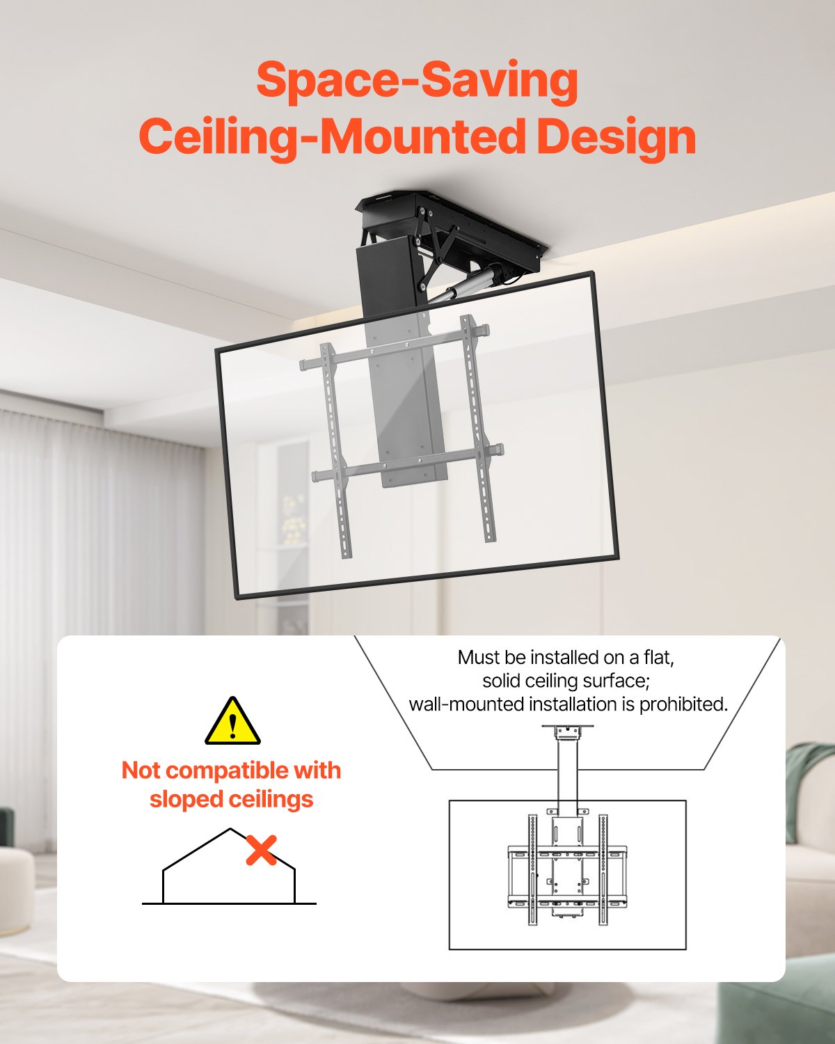 Motorized Ceiling TV Mount, TV Wall Mount for 32 to 70 Inch TV, Electric Adjustable Ceiling TV Mount, Motorized Flip Down TV Mount Bracket with Max VESA 24 x 24 in, Fits TVs Up to 110 lbs