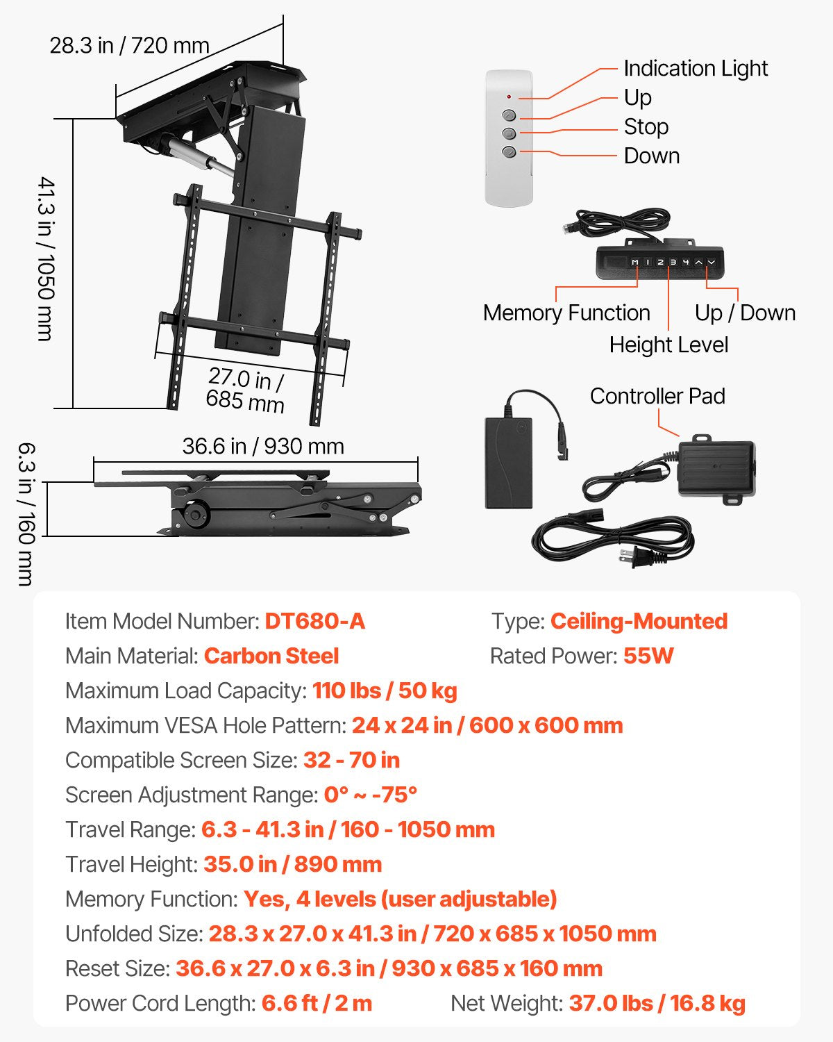 Motorized Ceiling TV Mount, TV Wall Mount for 32 to 70 Inch TV, Electric Adjustable Ceiling TV Mount, Motorized Flip Down TV Mount Bracket with Max VESA 24 x 24 in, Fits TVs Up to 110 lbs