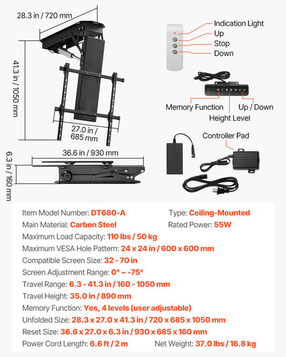 Motorized Ceiling TV Mount, TV Wall Mount for 32 to 70 Inch TV, Electric Adjustable Ceiling TV Mount, Motorized Flip Down TV Mount Bracket with Max VESA 24 x 24 in, Fits TVs Up to 110 lbs