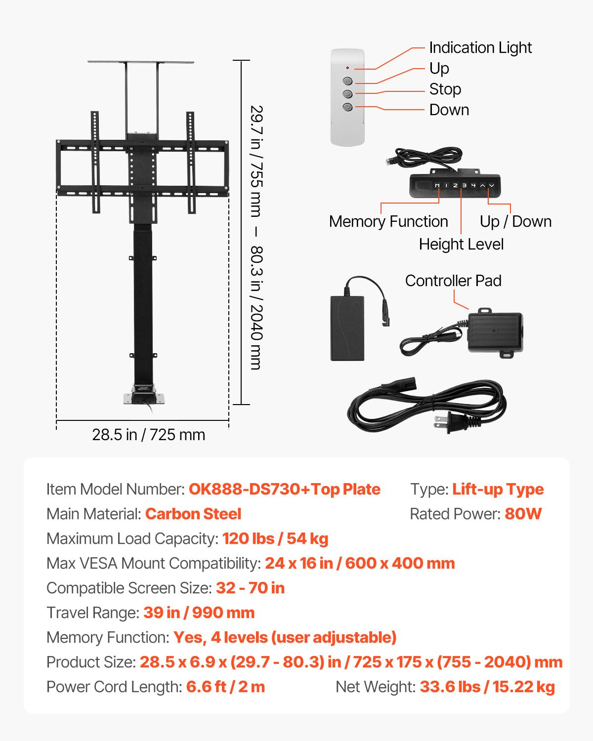 Motorized TV Lift Stand, 120 lbs max Load Adjustable TV Lift Stand Mount Bracket, Vertical Electric TV Bracket with Remote Control, Motorized TV Stand with Max VESA 24 x 16 in, for 32-70 in TVs