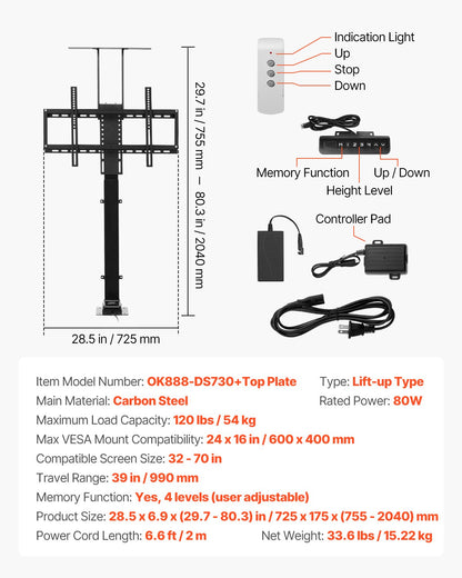 Motorized TV Lift Stand, 120 lbs max Load Adjustable TV Lift Stand Mount Bracket, Vertical Electric TV Bracket with Remote Control, Motorized TV Stand with Max VESA 24 x 16 in, for 32-70 in TVs