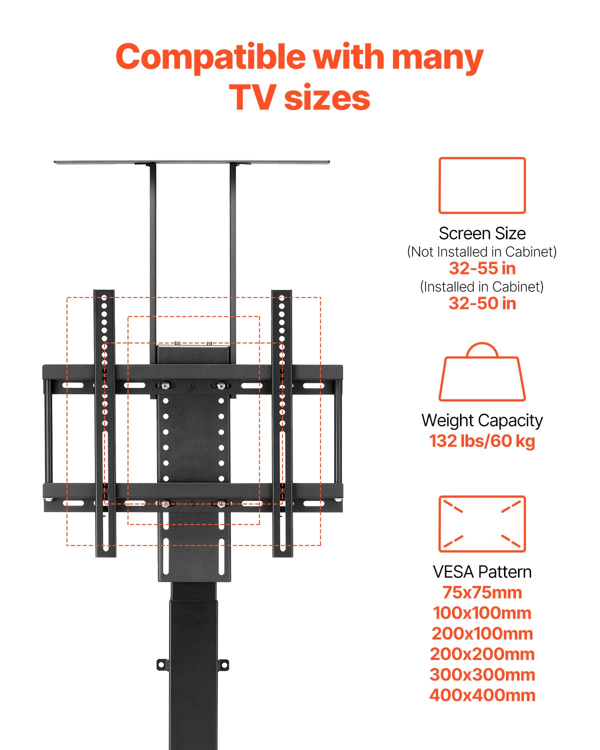 Motorized TV Lift Stand, 132 lbs max Load Adjustable TV Lift Stand Mount Bracket, Vertical Electric TV Bracket with Remote Control, for 32-55 in (Not in Cabinet) / 32 - 50 in (in Cabinet) TVs
