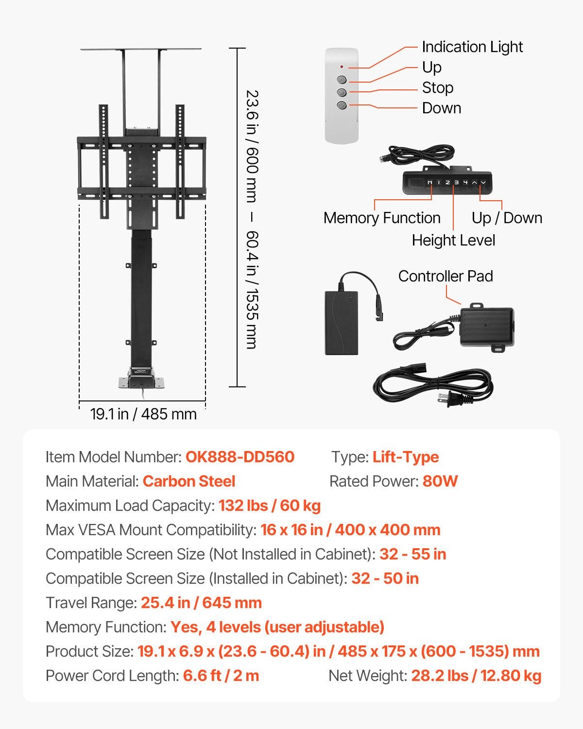 Motorized TV Lift Stand, 132 lbs max Load Adjustable TV Lift Stand Mount Bracket, Vertical Electric TV Bracket with Remote Control, for 32-55 in (Not in Cabinet) / 32 - 50 in (in Cabinet) TVs