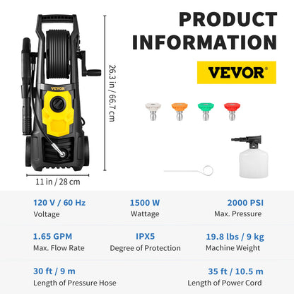 Electric Pressure Washer, 2000 PSI, Max 1.65 GPM Power Washer with 30 ft Hose & Reel, 5 Quick Connect Nozzles, Foam Cannon, Portable to Clean Patios, Cars, Fences, Driveways, ETL Listed