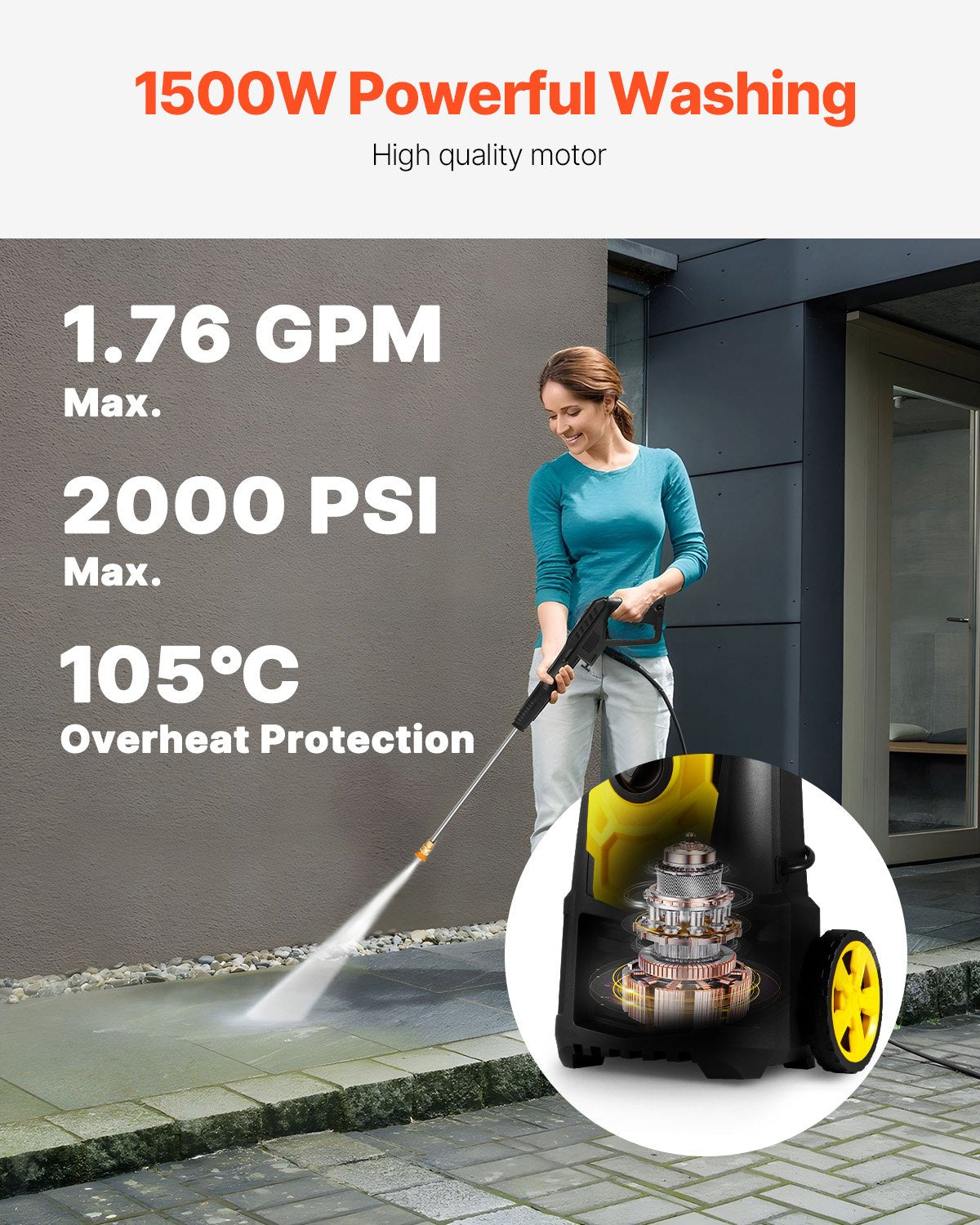 Electric Pressure Washer, 2000 PSI, Max. 1.76 GPM Power Washer w/ 30 ft Hose, 5 Quick Connect Nozzles, Foam Cannon, Portable to Clean Patios, Cars, Fences, Driveways, ETL Listed