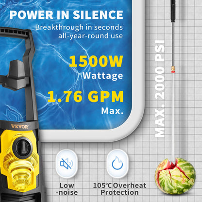 Electric Pressure Washer, 2000 PSI, Max. 1.76 GPM Power Washer with 30 ft Hose, 5 Quick Connect Nozzles, Foam Cannon, Portable to Clean Patios, Cars, Fences, Driveways, ETL Listed