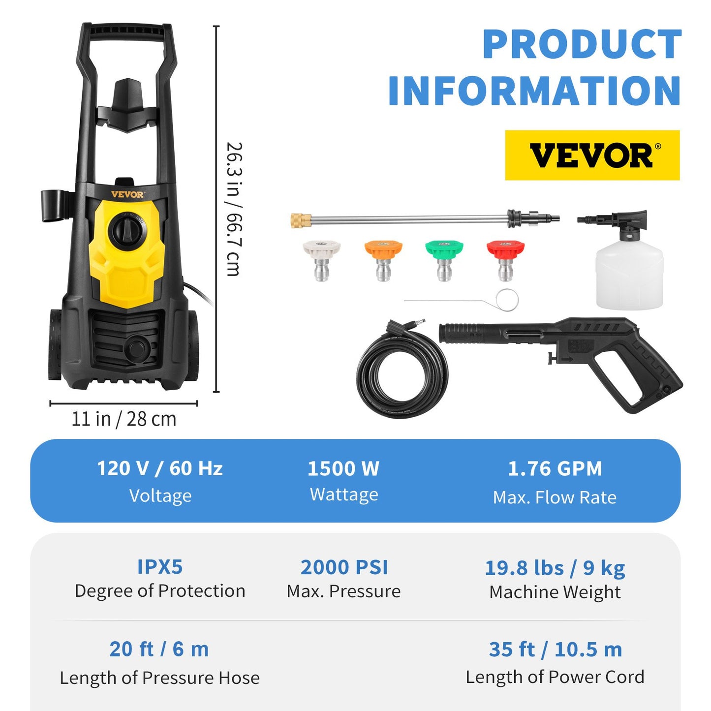 Electric Pressure Washer, 2000 PSI, Max. 1.76 GPM Power Washer with 30 ft Hose, 5 Quick Connect Nozzles, Foam Cannon, Portable to Clean Patios, Cars, Fences, Driveways, ETL Listed