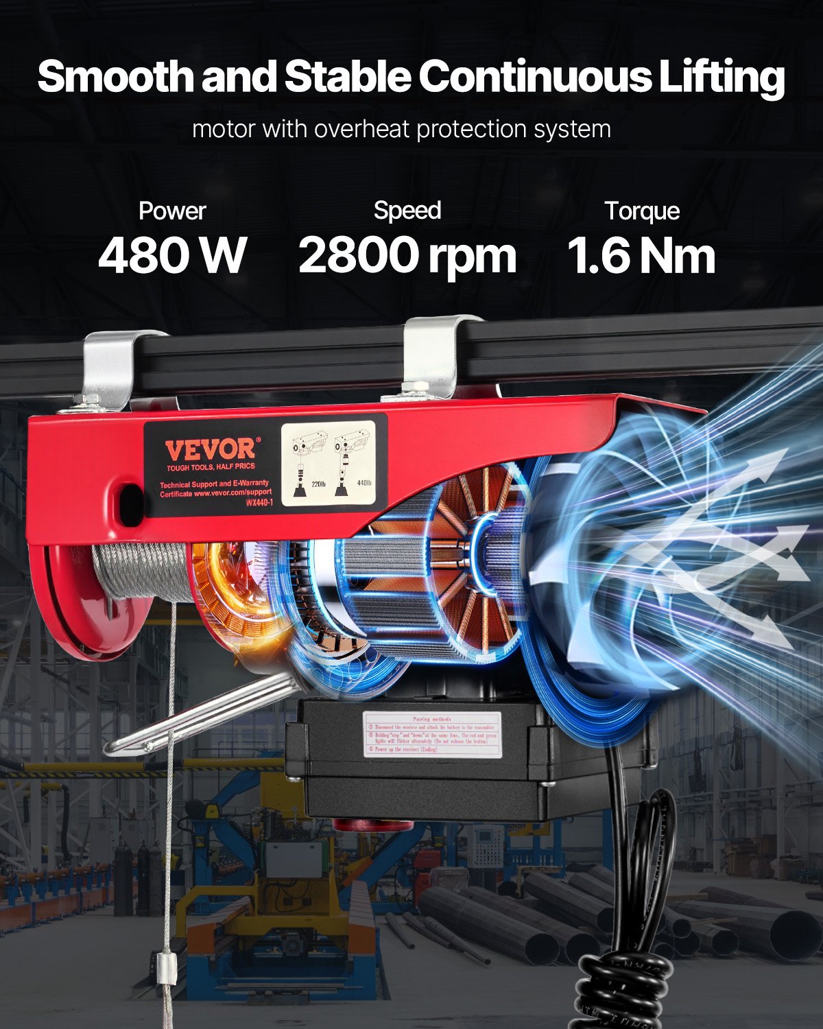 Wireless Electric Hoist, 440 lbs 110V Electric Steel Wire Winch with Wireless Remote Control, 40ft Single Cable Lifting Height & Pure Copper Motor, for Garage Warehouse Factory