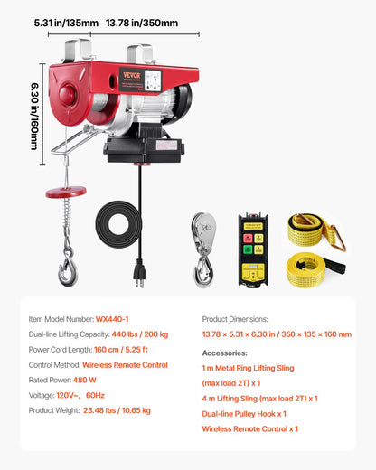 Wireless Electric Hoist, 440 lbs 110V Electric Steel Wire Winch with Wireless Remote Control, 40ft Single Cable Lifting Height & Pure Copper Motor, for Garage Warehouse Factory