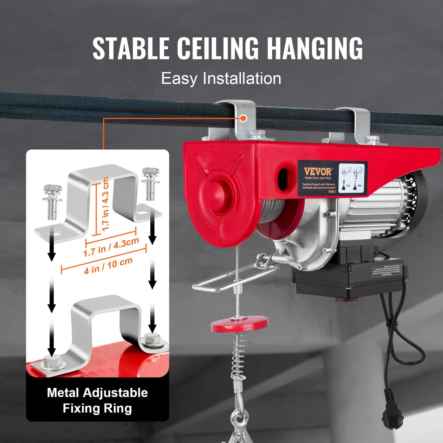 Elektrisches Hebezeug, 400 kg Tragkraft, 850 W 220 V elektrische Drahtseilwinde mit kabelloser Fernbedienung, 12 m Hubhöhe mit Einzelkabel und Motor aus reinem Kupfer, für Garagen, Lagerhallen und Fabriken