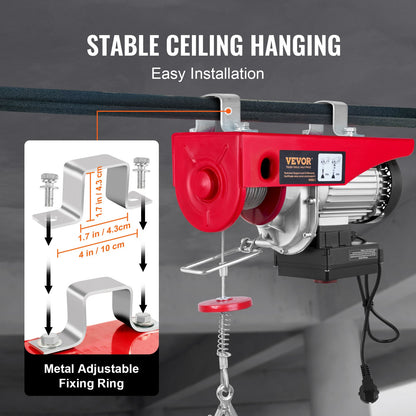 Elektrisches Hebezeug, 400 kg Tragkraft, 850 W 220 V elektrische Drahtseilwinde mit kabelloser Fernbedienung, 12 m Hubhöhe mit Einzelkabel und Motor aus reinem Kupfer, für Garagen, Lagerhallen und Fabriken