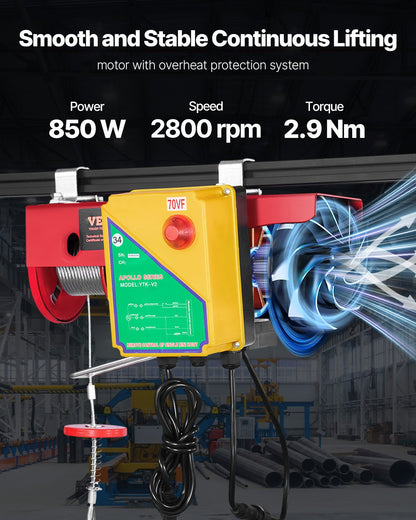 Tuspuzz Electric Hoist, 880 lbs Lifting Capacity, 850W 110V Electric Steel Wire Winch with Wireless Remote Control, 40ft Single Cable Lifting Height & Pure Copper Motor, for Garage Warehouse Factory