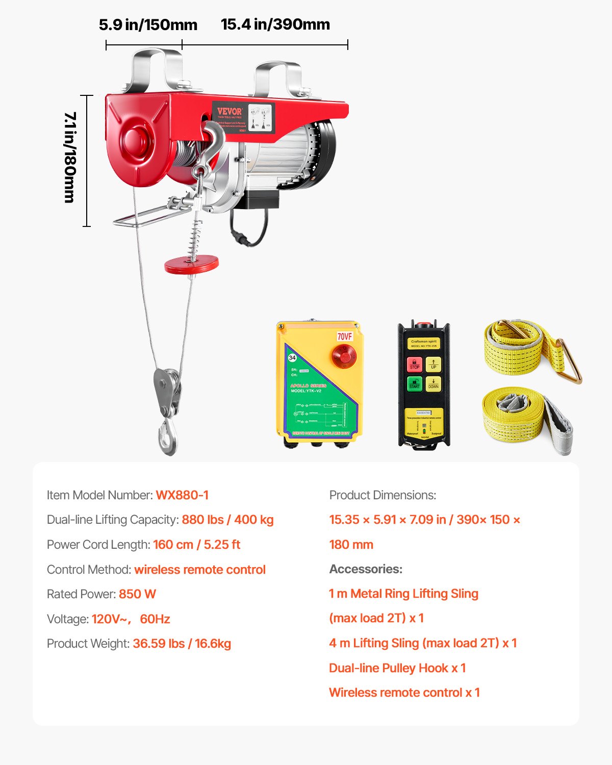 Tuspuzz Electric Hoist, 880 lbs Lifting Capacity, 850W 110V Electric Steel Wire Winch with Wireless Remote Control, 40ft Single Cable Lifting Height & Pure Copper Motor, for Garage Warehouse Factory