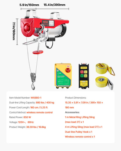 Tuspuzz Electric Hoist, 880 lbs Lifting Capacity, 850W 110V Electric Steel Wire Winch with Wireless Remote Control, 40ft Single Cable Lifting Height & Pure Copper Motor, for Garage Warehouse Factory