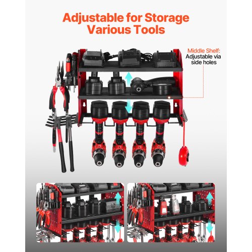 Väggmonterad verktygsorganisatör, 3-lagers förvaringsställ med 4 borrhållare, verktygshållare och förvaringsställ med sidoplatta, verktygsorganisatör för garage, arbetsbänk och verkstad |  EU