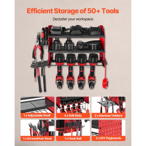 Väggmonterad verktygsorganisatör, 3-lagers förvaringsställ med 4 borrhållare, verktygshållare och förvaringsställ med sidoplatta, verktygsorganisatör för garage, arbetsbänk och verkstad |  EU