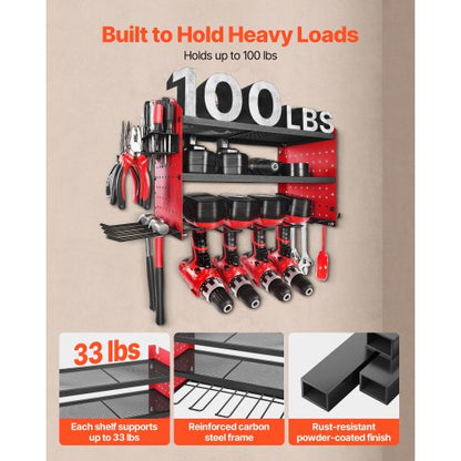 Väggmonterad verktygsorganisatör, 3-lagers förvaringsställ med 4 borrhållare, verktygshållare och förvaringsställ med sidoplatta, verktygsorganisatör för garage, arbetsbänk och verkstad |  EU