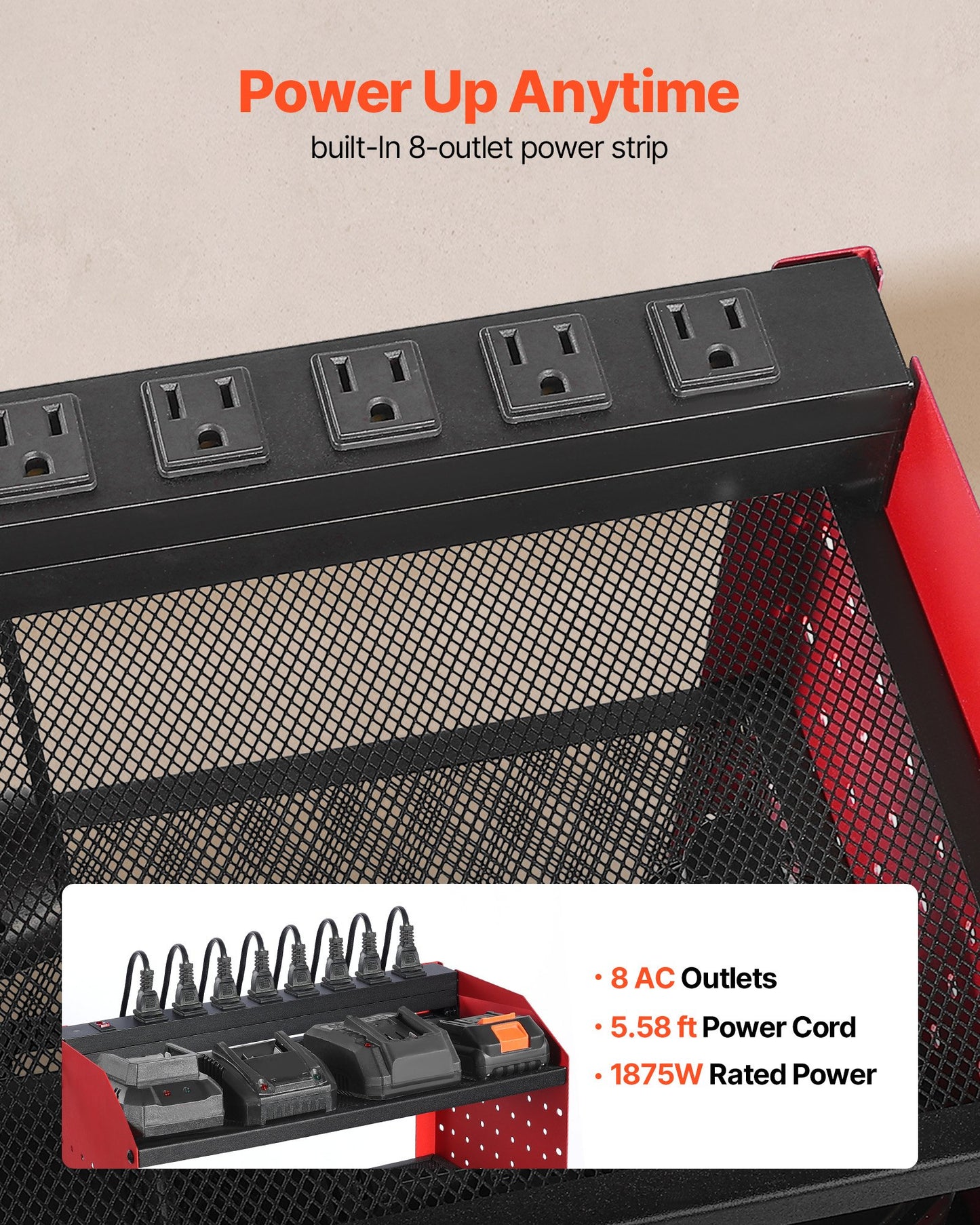 Power Tool Organizer with Charging Station, 3-Layer Drill Storage Rack with 4 Drill Holders & Side Pegboard, Garage Tool Organizer Built in 8 Outlet Power Strips for Garage, Workbench, Workshop