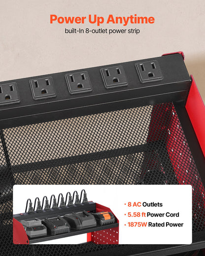Power Tool Organizer with Charging Station, 3-Layer Drill Storage Rack with 4 Drill Holders & Side Pegboard, Garage Tool Organizer Built in 8 Outlet Power Strips for Garage, Workbench, Workshop