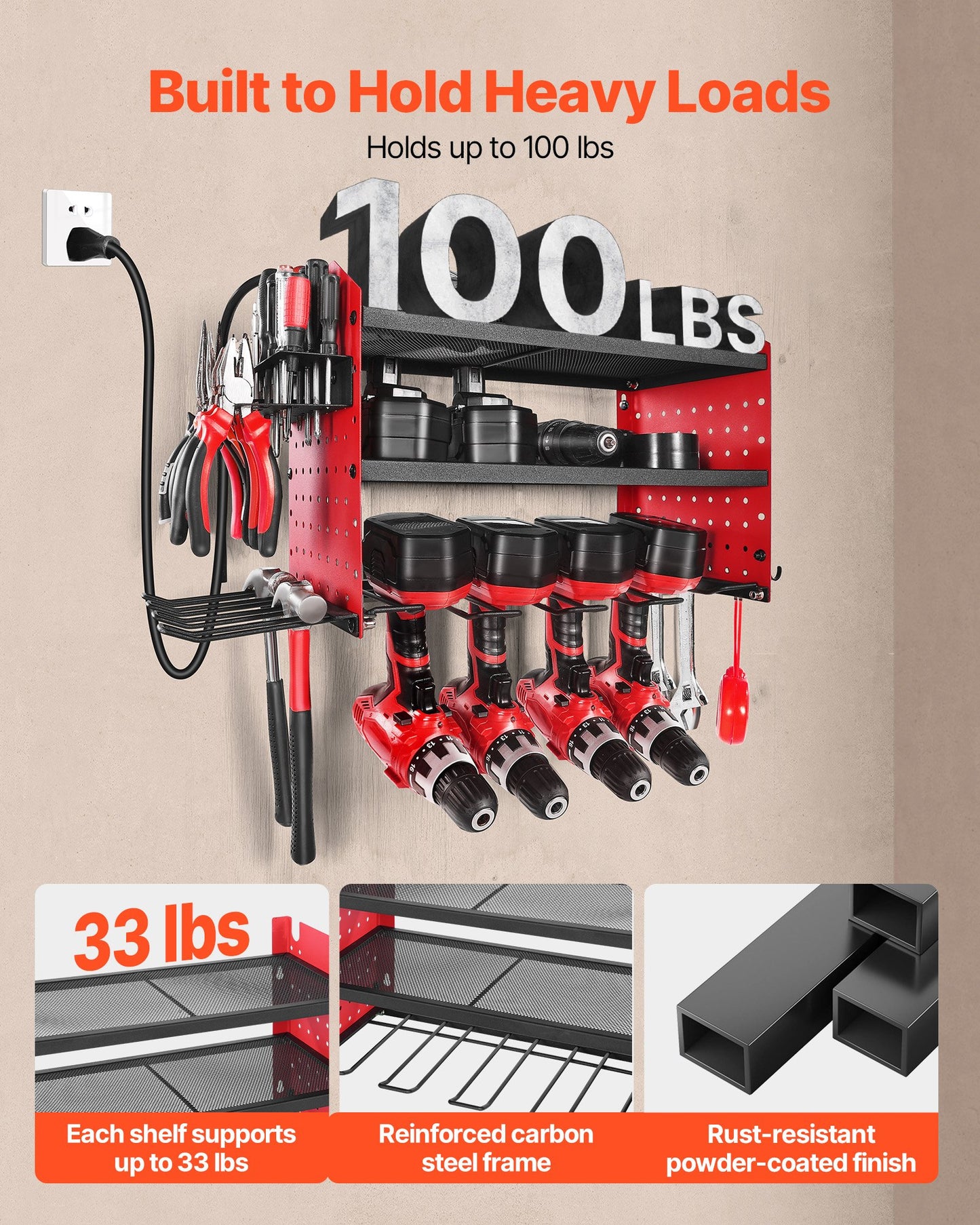 Power Tool Organizer with Charging Station, 3-Layer Drill Storage Rack with 4 Drill Holders & Side Pegboard, Garage Tool Organizer Built in 8 Outlet Power Strips for Garage, Workbench, Workshop