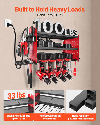 Power Tool Organizer with Charging Station, 3-Layer Drill Storage Rack with 4 Drill Holders & Side Pegboard, Garage Tool Organizer Built in 8 Outlet Power Strips for Garage, Workbench, Workshop