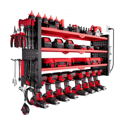 Power Tool Organizer with Charging Station, 4-Layer Drill Storage Rack with 8 Drill Holders & Side Pegboard, Garage Tool Organizer Built in 8 Outlet Power Strips for Garage, Workbench, Workshop