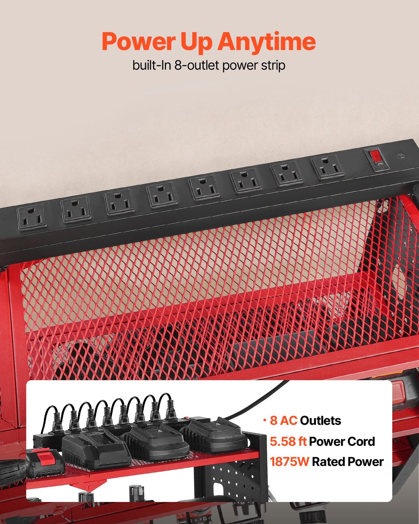 Power Tool Organizer with Charging Station, 4-Layer Drill Storage Rack with 8 Drill Holders & Side Pegboard, Garage Tool Organizer Built in 8 Outlet Power Strips for Garage, Workbench, Workshop