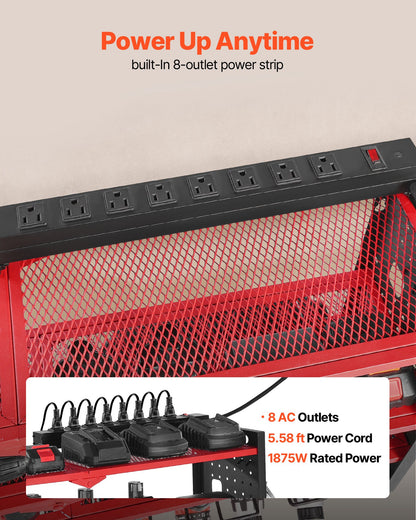 Power Tool Organizer with Charging Station, 4-Layer Drill Storage Rack with 8 Drill Holders & Side Pegboard, Garage Tool Organizer Built in 8 Outlet Power Strips for Garage, Workbench, Workshop
