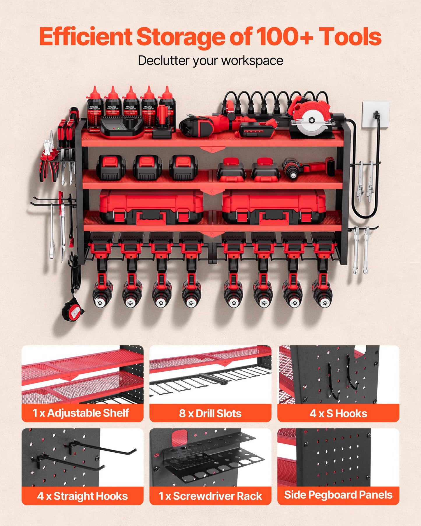 Power Tool Organizer with Charging Station, 4-Layer Drill Storage Rack with 8 Drill Holders & Side Pegboard, Garage Tool Organizer Built in 8 Outlet Power Strips for Garage, Workbench, Workshop