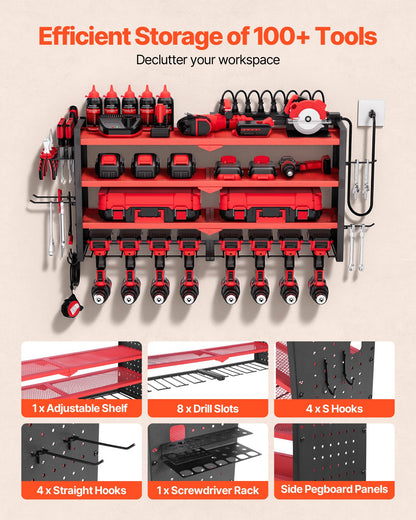 Power Tool Organizer with Charging Station, 4-Layer Drill Storage Rack with 8 Drill Holders & Side Pegboard, Garage Tool Organizer Built in 8 Outlet Power Strips for Garage, Workbench, Workshop