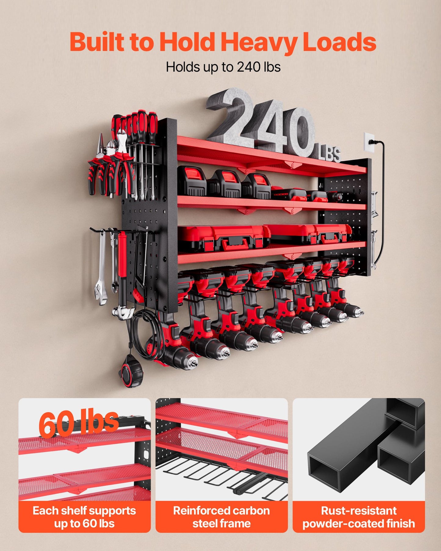 Power Tool Organizer with Charging Station, 4-Layer Drill Storage Rack with 8 Drill Holders & Side Pegboard, Garage Tool Organizer Built in 8 Outlet Power Strips for Garage, Workbench, Workshop