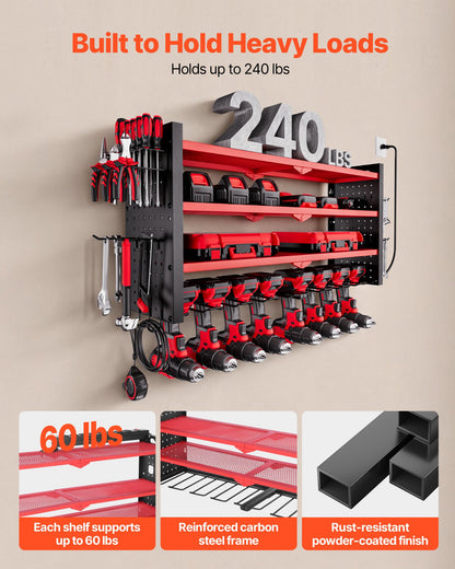 Power Tool Organizer with Charging Station, 4-Layer Drill Storage Rack with 8 Drill Holders & Side Pegboard, Garage Tool Organizer Built in 8 Outlet Power Strips for Garage, Workbench, Workshop
