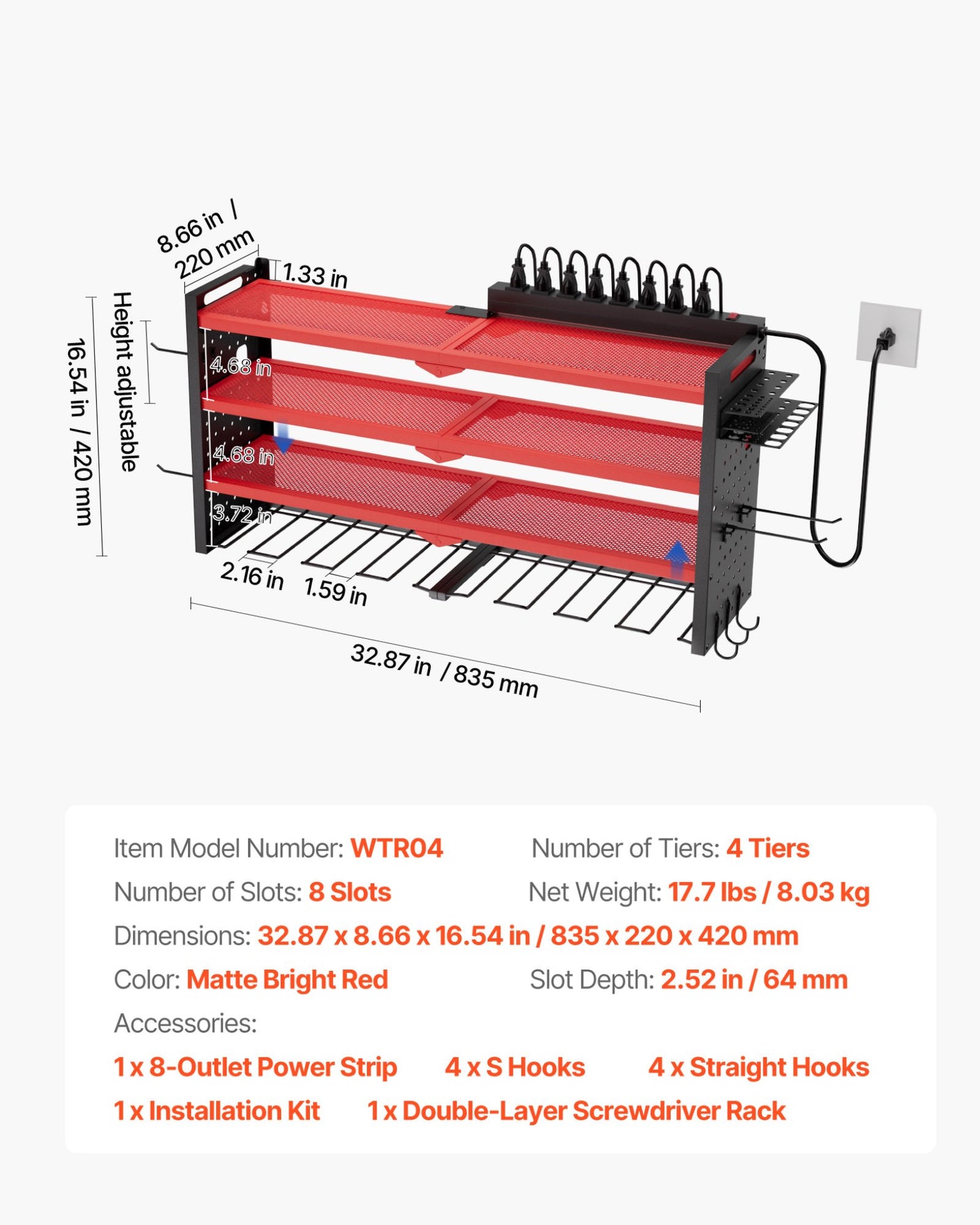 Power Tool Organizer with Charging Station, 4-Layer Drill Storage Rack with 8 Drill Holders & Side Pegboard, Garage Tool Organizer Built in 8 Outlet Power Strips for Garage, Workbench, Workshop
