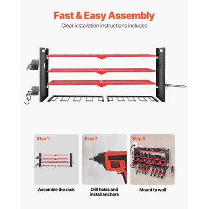 Väggmonterad verktygsorganisatör, 4-lagers förvaringsställ med 8 borrhållare, verktygshållare och förvaringsställ med sidoplatta, verktygsorganisatör för garage, arbetsbänk och verkstad |  EU