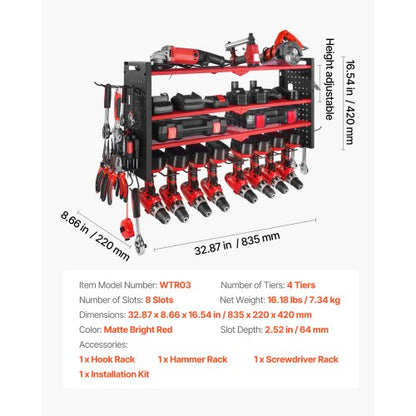 Väggmonterad verktygsorganisatör, 4-lagers förvaringsställ med 8 borrhållare, verktygshållare och förvaringsställ med sidoplatta, verktygsorganisatör för garage, arbetsbänk och verkstad |  EU