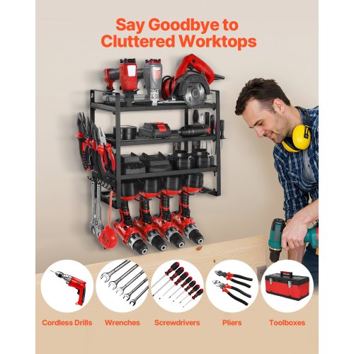 Väggmonterad verktygsorganisatör, 4-lagers förvaringsställ med 4 borrhållare, verktygshållare och förvaringsställ med skruvmejselhållare, verktygsorganisatör för garage, arbetsbänk och verkstad |  EU