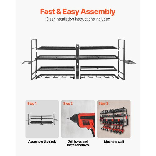 Väggmonterad verktygsorganisatör, 4-lagers förvaringsställ med 8 borrhållare, verktygshållare och förvaringsställ med skruvmejselhållare, verktygsorganisatör för garage, arbetsbänk och verkstad |  EU