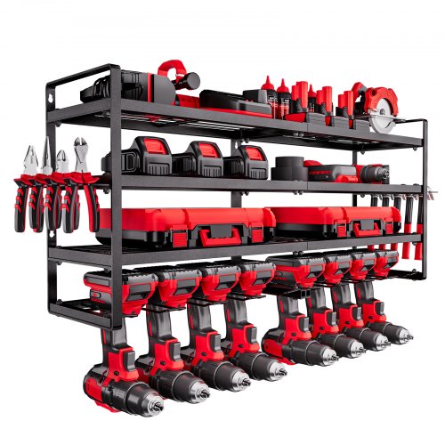 Power Tool Organizer Wall Mount, 4-Layer Storage Rack with 8 Drill Holders, Tools Holder and Storage Rack with Screwdriver Holder, Garage Tool Organizer for Garage, Workbench, and Workshop