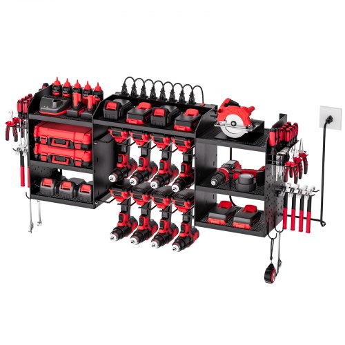 Power Tool Organizer with Charging Station, 3-Layer Power Tool Battery Storage Rack with 5.58 ft Power Strip, 8 Drill Holders & 8 Outlets, Garage Tool Organizer for Garage, Workbench, Workshop