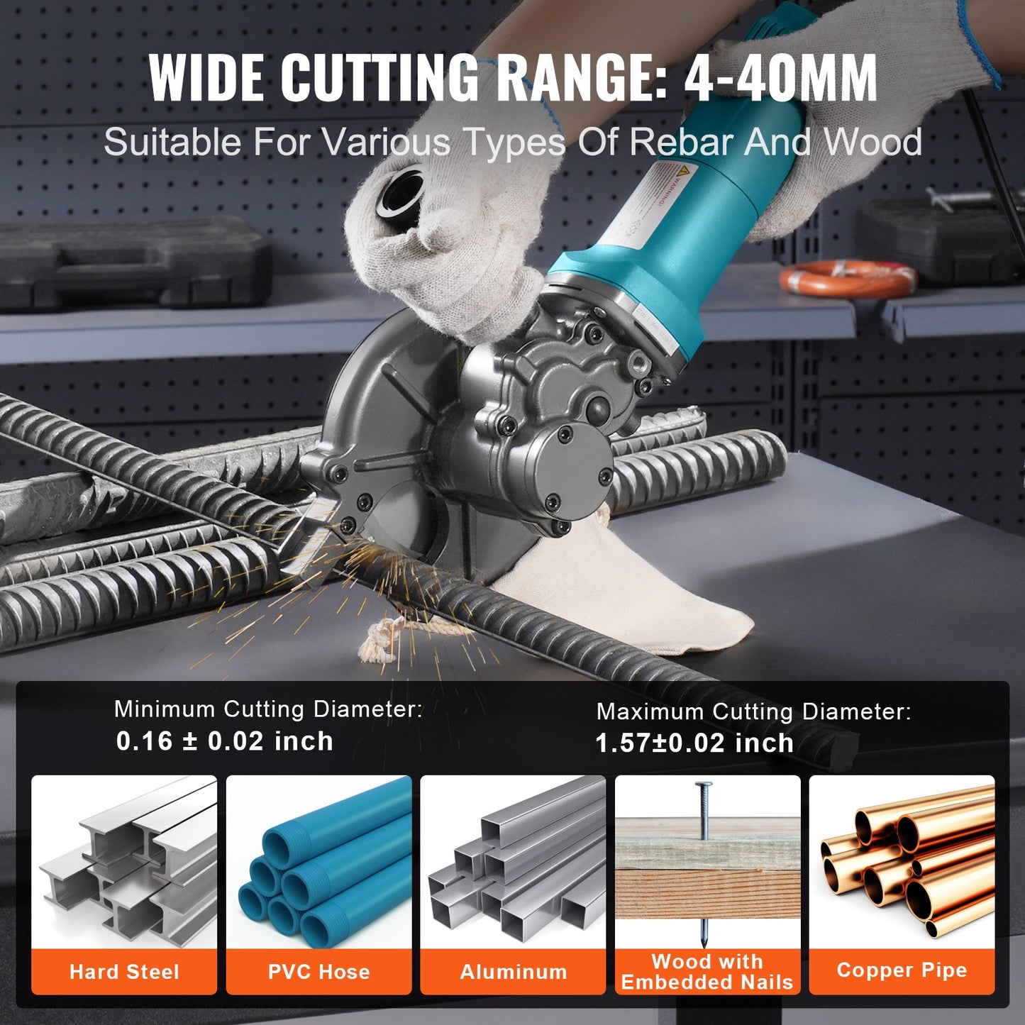 Electric Rebar Cutter, 1100W Portable Rebar Cutter, Cutting up to 3/2 inch (4-40mm) Rebar, High Power Steel Concrete Rebar Cutter with Auxiliary Small Handle Tool Case, RD-10
