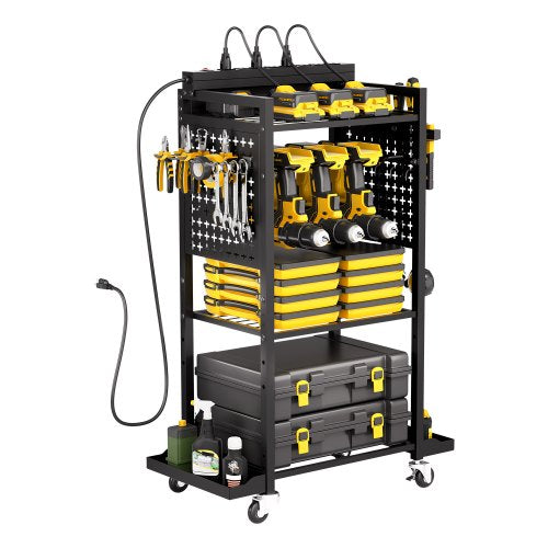 4-tier Tool Organizer Cart with Charging Station, 8 AC Outlet, Floor Stand Rolling Drill Holder and Tool Battery Storage Rack on Wheels, Garage Floor Rolling Storage Cart for Workshop, Garage