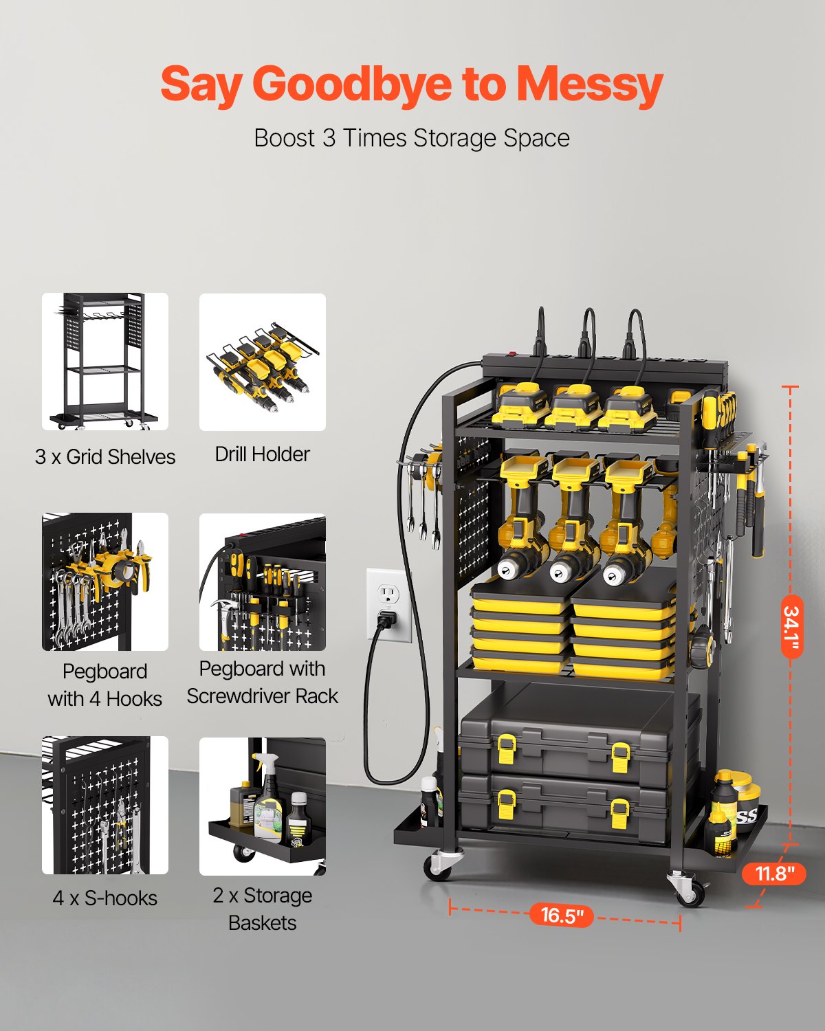 4-tier Tool Organizer Cart with Charging Station, 8 AC Outlet, Floor Stand Rolling Drill Holder and Tool Battery Storage Rack on Wheels, Garage Floor Rolling Storage Cart for Workshop, Garage