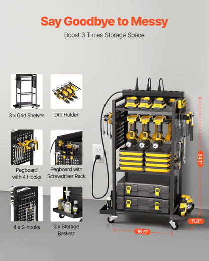 4-tier Tool Organizer Cart with Charging Station, 8 AC Outlet, Floor Stand Rolling Drill Holder and Tool Battery Storage Rack on Wheels, Garage Floor Rolling Storage Cart for Workshop, Garage