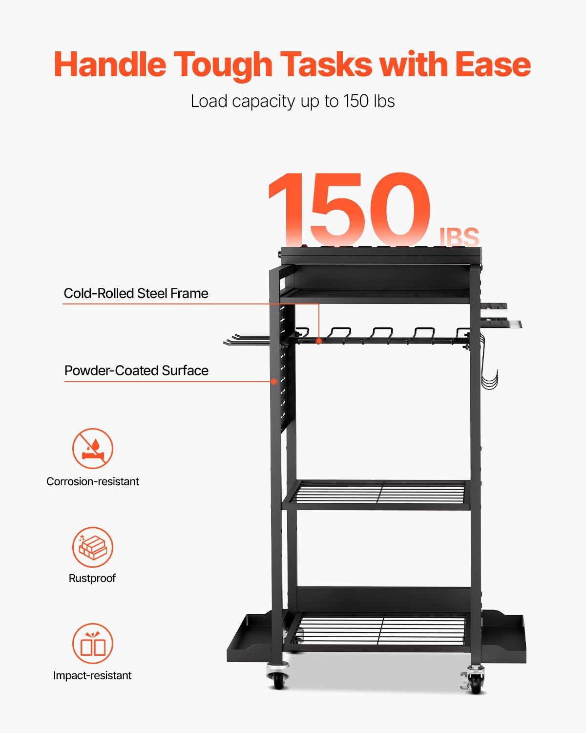 4-tier Tool Organizer Cart with Charging Station, 8 AC Outlet, Floor Stand Rolling Drill Holder and Tool Battery Storage Rack on Wheels, Garage Floor Rolling Storage Cart for Workshop, Garage