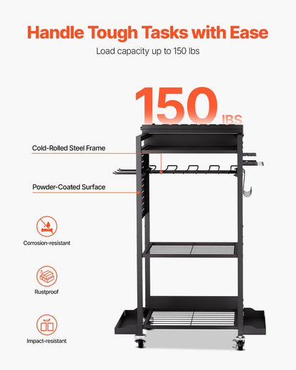 4-tier Tool Organizer Cart with Charging Station, 8 AC Outlet, Floor Stand Rolling Drill Holder and Tool Battery Storage Rack on Wheels, Garage Floor Rolling Storage Cart for Workshop, Garage