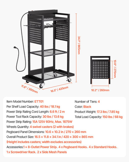4-tier Tool Organizer Cart with Charging Station, 8 AC Outlet, Floor Stand Rolling Drill Holder and Tool Battery Storage Rack on Wheels, Garage Floor Rolling Storage Cart for Workshop, Garage