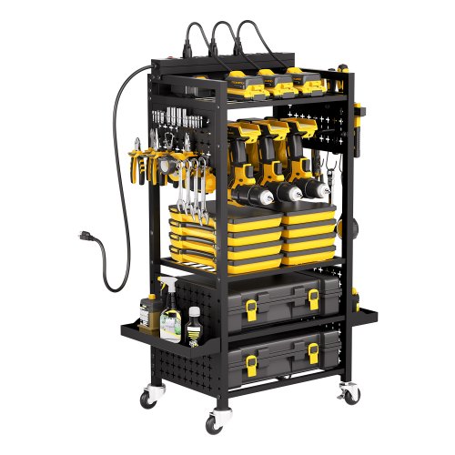 5-tier Tool Organizer Cart with Charging Station, 8 AC Outlet, Floor Stand Rolling Drill Holder and Tool Battery Storage Rack on Wheels, Garage Floor Rolling Storage Cart for Workshop, Garage