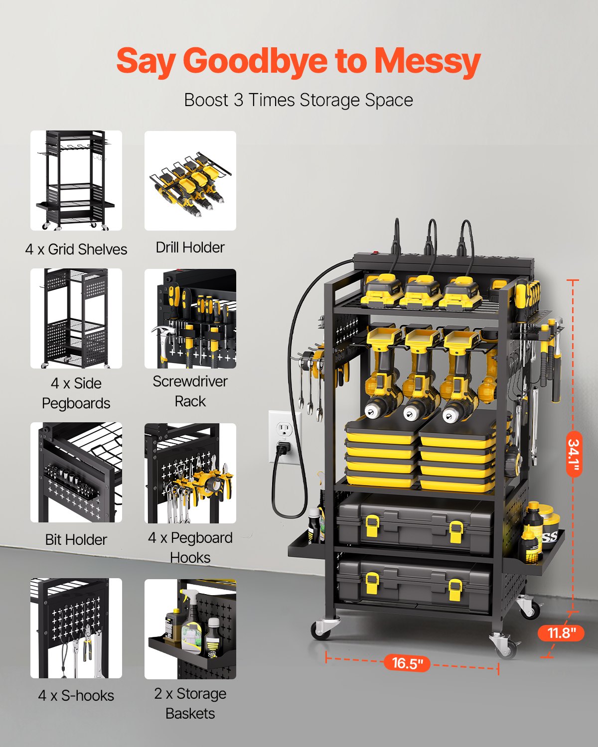 5-tier Tool Organizer Cart with Charging Station, 8 AC Outlet, Floor Stand Rolling Drill Holder and Tool Battery Storage Rack on Wheels, Garage Floor Rolling Storage Cart for Workshop, Garage