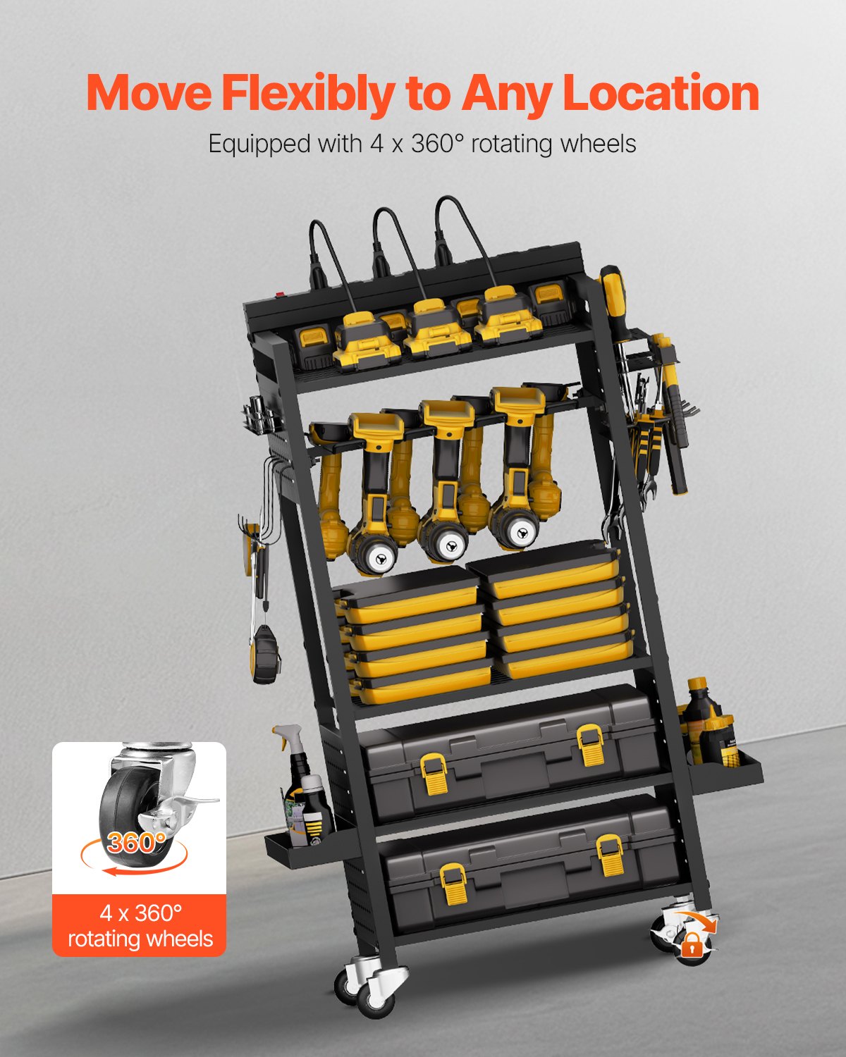 5-tier Tool Organizer Cart with Charging Station, 8 AC Outlet, Floor Stand Rolling Drill Holder and Tool Battery Storage Rack on Wheels, Garage Floor Rolling Storage Cart for Workshop, Garage
